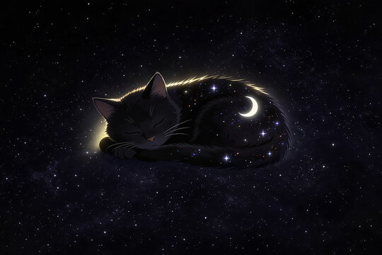 gatto nero con stelle e luna calante nel pelo accoccolato in cima al pianeta terra, black cat with stars and a crescent moon in its fur curled up on top of the world