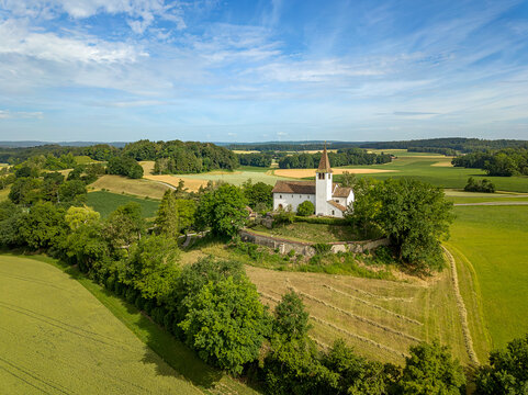Aerial view of the mountain church St. Michael in the German enclave Buesingen in Switzerland