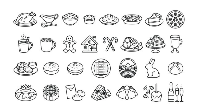 Holiday food and drink vector icon set, festive meal illustrations, Christmas and Easter celebration graphics, traditional dessert and beverage collection for seasonal designs