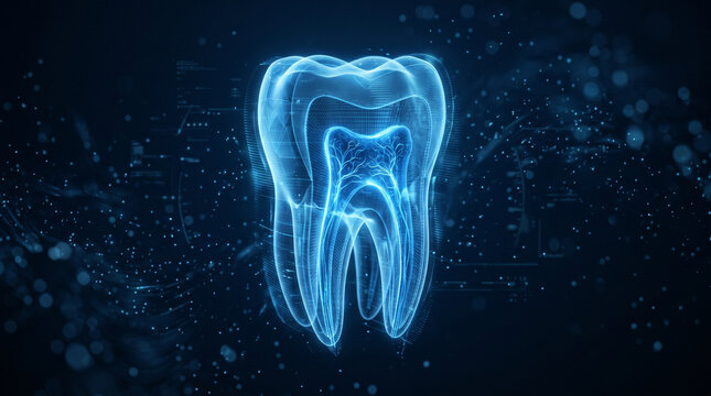 3D xray hologram of human tooth with glowing blue light particles and futuristic circuit board background symbolizing dental technology and oral health science innovation.