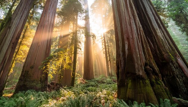 experience the awe of ancient redwoods as golden sunbeams filter through the misty canopy this serene forest scene symbolizes renewal and growth ideal for inspiring nature designs
