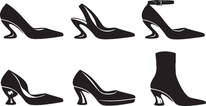 Collection of elegant black high heel shoes stylish footwear silhouettes for fashion design and retail concepts isolated on white background