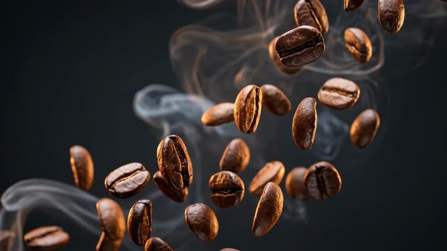 Cinematic slow motion video of premium roasted brown coffee beans falling through the air surrounded by aromatic hot smoke against a dark background.