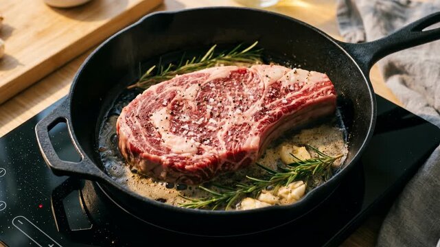 Close up footage of a juicy raw ribeye steak sizzling in a hot cast iron skillet with melted butter, fresh rosemary, and garlic on an induction stove.