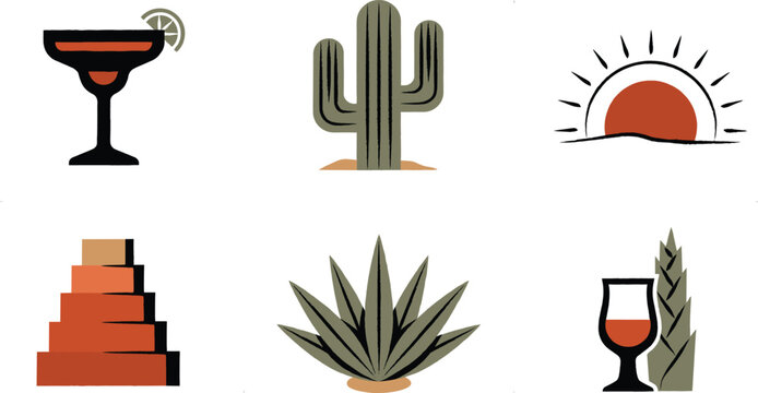 Minimalist Mexican Desert and Tequila Icon Set featuring Saguaro Cactus Agave Plant Aztec Pyramid Sunset and Cocktail Glasses Vector Illustration