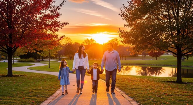 Autumn Sunset Family Stroll in a Serene Park
