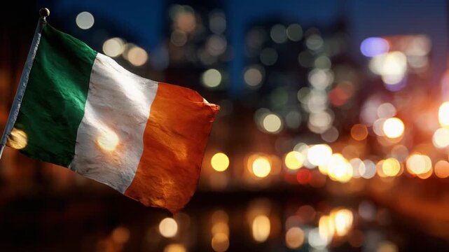 Irish tricolor flag waving in the wind against a blurred cityscape backdrop at night