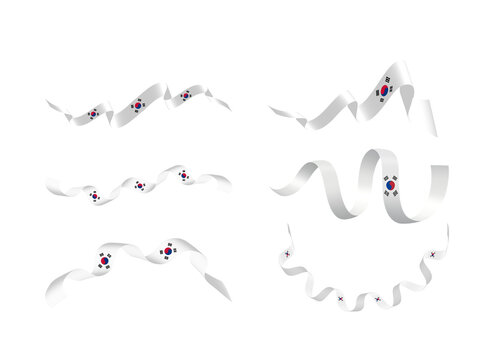 South Korea waving ribbon flag set vector illustration, national Taegukgi design with white ribbons and red-blue yin-yang symbols, creative patriotic artwork representing Korean unity, pride, and cult