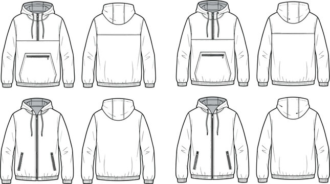 Fashion technical sketch vector featuring men half zip anorak and full zip hoodie templates front and back views
