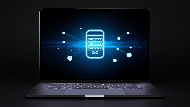 Laptop computer with glowing blue smartphone on screen
