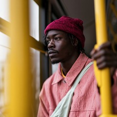 Obraz premium Young man portrait on city bus wearing red beanie and pink jacket for urban commuter portrait background