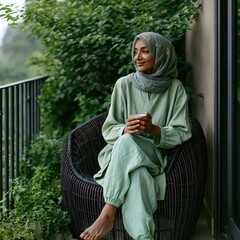 Obraz premium Seated woman in soft green outfit and patterned hijab on leafy balcony holding a mug for cozy morning lifestyle portrait
