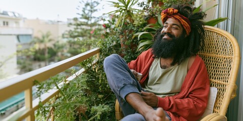 Obraz premium Relaxed man sitting on balcony with plants urban lifestyle background for wellness and home decor banner