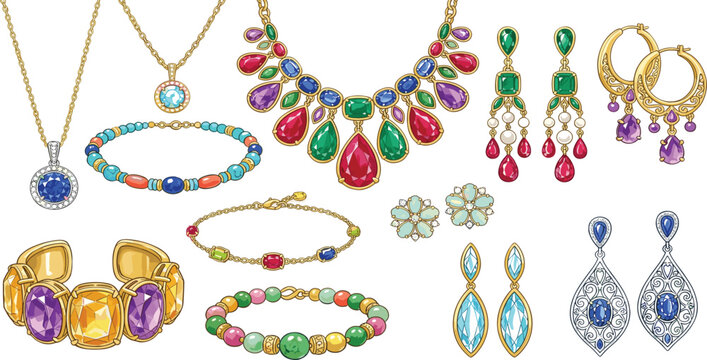 Luxury Colorful Gemstone Jewelry Collection Set with Necklace, Bracelet, Earrings, and Ring Vector Illustrations for Fashion and Glamour Designs