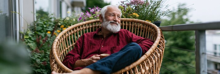 Obraz premium Elderly man relaxing in wicker chair on leafy balcony with plants for lifestyle background and wellness banner design