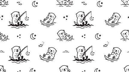 Fototapeta premium Cute otter seamless pattern with fishing and floating otters
