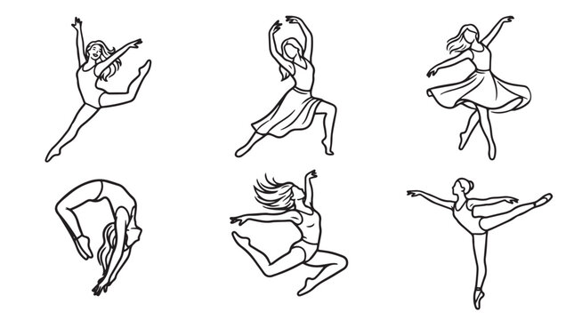 Elegant minimalist line art illustrations capturing the dynamic grace and athletic beauty of female dancers in various ballet and contemporary poses