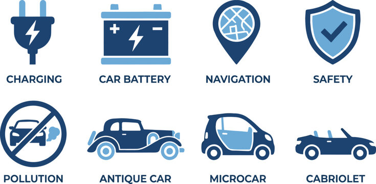 Set of modern and classic automotive icons including charging navigation and vehicle types on transparent set.