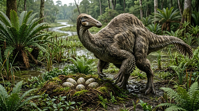 Dinosaur nesting in a prehistoric swamp environment