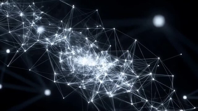 Abstract artificial intelligence neural network visualized with glowing white points connected by dynamic lines and polygons. Signals pulse through the network creating constant movement and evolution