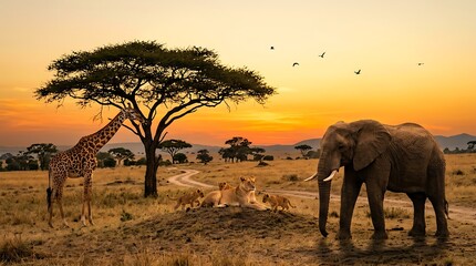 Obraz premium Majestic african sunset with wild animals including elephants giraffes and lions in natural habitat