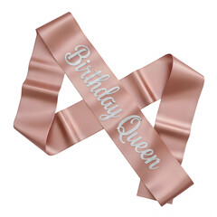 Shiny rose gold birthday queen sash with elegant silver lettering for a special party celebration event