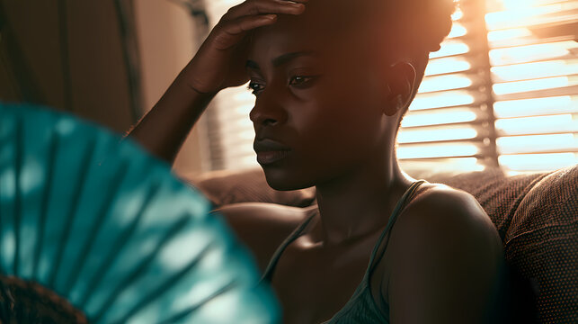 Femme avec &eacute;ventail bleu pr&egrave;s d&rsquo;une fen&ecirc;tre en &eacute;t&eacute;
