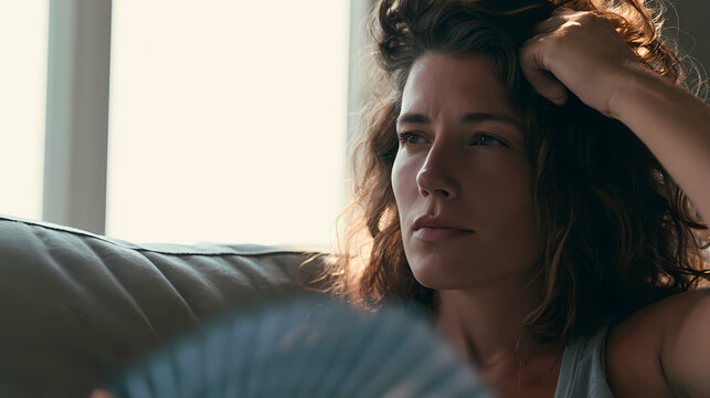 Femme avec &eacute;ventail bleu en &eacute;t&eacute; chaud