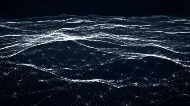 Endless digital landscape formed by moving white points, connected lines, and evolving polygons. Terrain waves flow across a black background like a futuristic data field. 