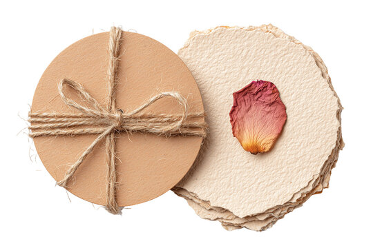 brown paper strip, handmade paper sheets, twine bow, and round tag with a dried rose petal isolated on transparent background, Clipart png