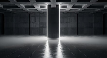 Naklejka premium Futuristic Dark Concrete Interior with Neon Light and Fog in a Minimalist Industrial Hallway