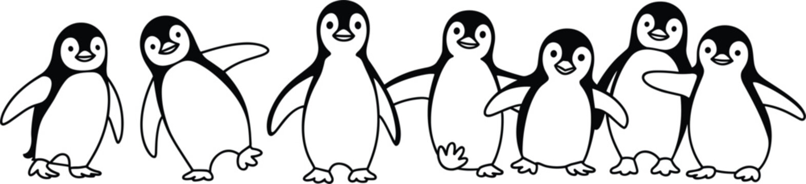 Chubby baby penguins huddle together in a playful line during a bright day for concept illustrations