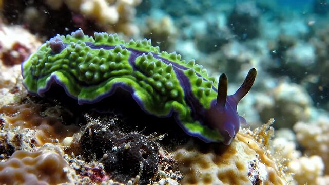 Close-up Of Colorful Sea Slug On Ocean Floor - A vibrant sea slug with green and purple markings crawls across the seabed, its textured body and antennae clearly visible.