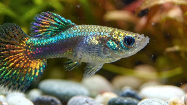 Close Up Iridescent Fish Head - A macro shot captures the intricate details of a fish's head, showcasing its large eye and the shimmering, iridescent scales that cover its body.