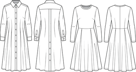 Fashion technical sketch vector featuring women long sleeve button down shirt dress and midi dress front and back views © Smith Rasel