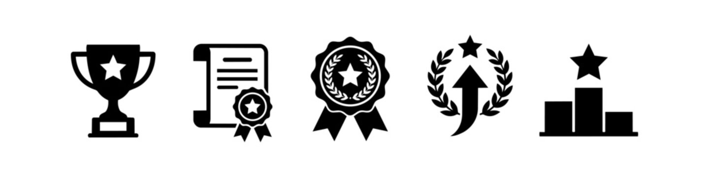 A collection of black achievement and award icons featuring a trophy, certificate, medal, growth arrow, and winner's podium on a white background.