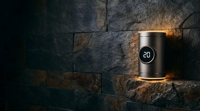 Smart digital thermostat on slate stone wall, modern home climate control device with glowing orange light, sleek metallic temperature sensor