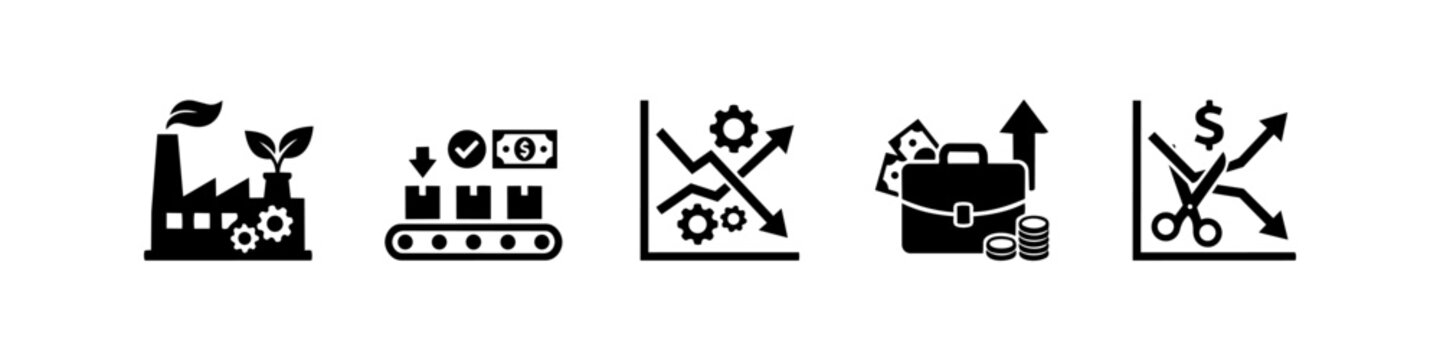 Set of industrial and business icons depicting sustainable manufacturing, production line efficiency, financial growth, market analysis, and strategic cost reduction in a flat black style.