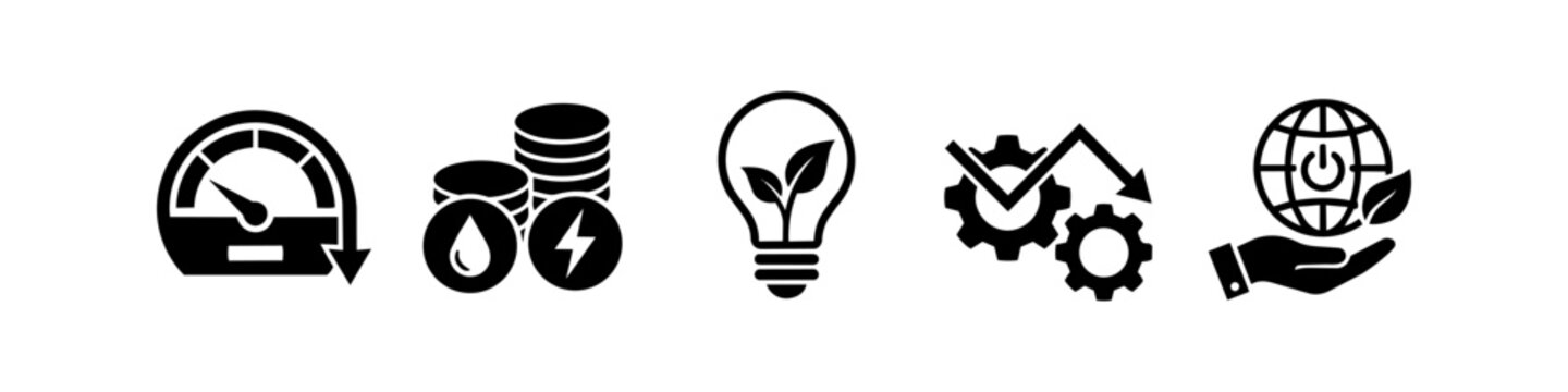 Energy efficiency and sustainability icons set representing power saving, green technology, cost reduction, and environmental protection in a clean, black and white minimalist style.