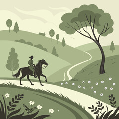 Obraz premium Person riding horse through countryside landscape illustration with equestrian landscape countryside illustration