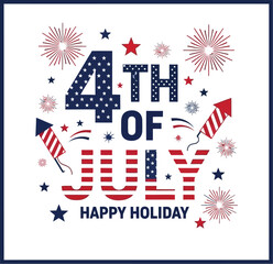 Obraz premium Independence Day celebration graphic features stylized fireworks and bold patriotic typography on a white square background.