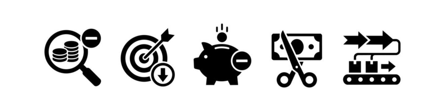 Black vector icons showing cost reduction, budget cuts, and process optimization concepts for business efficiency.