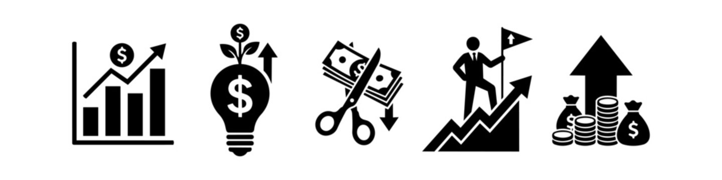 Business and finance icon set featuring growth charts, investment ideas, cost reduction, leadership success, and wealth accumulation in a black silhouette style.