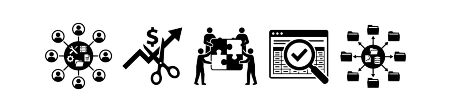 Professional business management icon set featuring networking, cost reduction, teamwork, data audit, and file distribution. Minimalist black vector symbols for corporate strategy.