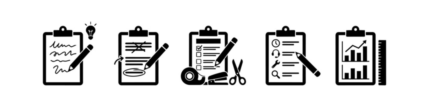 Minimalist black and white clipboard icons for brainstorming, editing, checklists, task management, and data reporting. Versatile business and productivity symbols.
