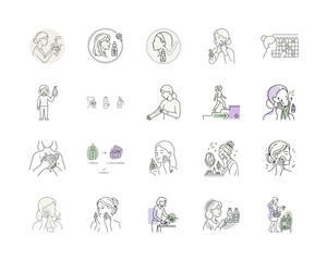 Fototapeta premium Woman Skincare Routine Icons or Skincare Steps Illustration Set