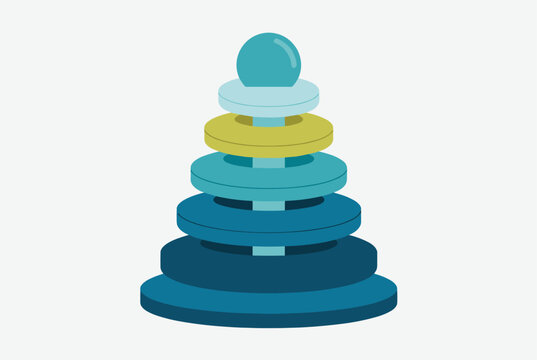 Colorful wooden stacking ring toy for young children consisting of various shades of blue and yellow rings on a central peg with a ball on top.