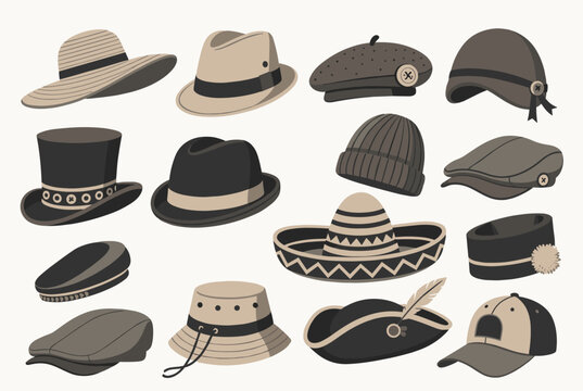 Large collection of different hat styles including fedoras, beanies, flat caps, and wide brimmed hats shown in neutral tones in vector format.