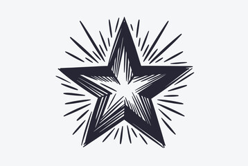 Fototapeta premium Hand drawn sketch of a classic five pointed star with decorative light rays radiating from the center on a plain background.