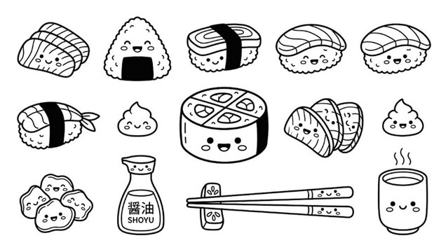 Cute Japanese Sushi Character Line Art Vector Set Kawaii Maki Roll, Nigiri, Sashimi and Onigiri Food Collection